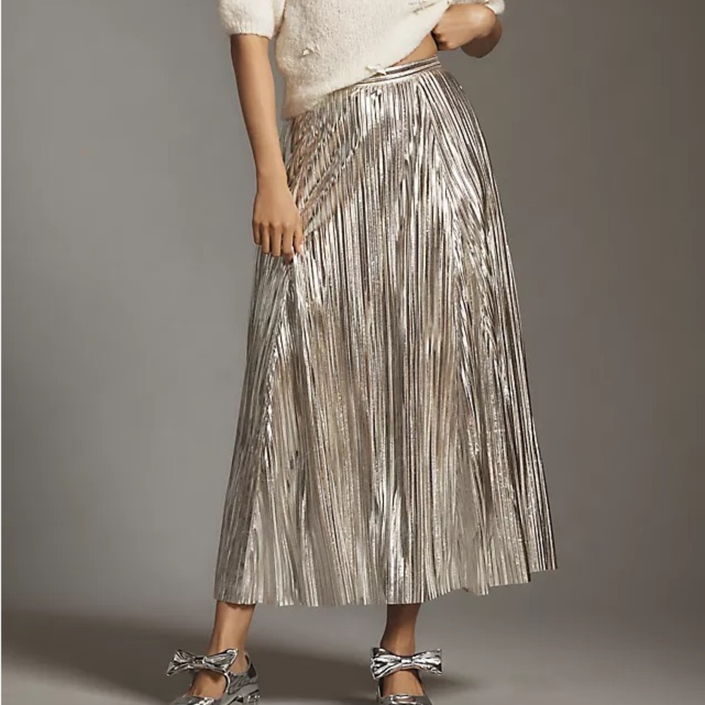 Anthropologie Maeve Metallic Pleated Midi Skirt 0 Gold Silver